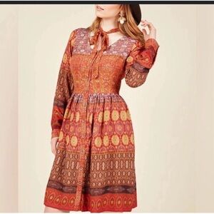 Modcloth Rayon Boho Arabesque Print Midi Length Longsleeve Dress size 3X
